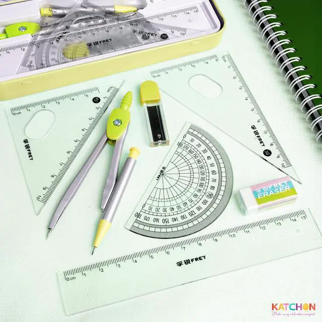 Alt view image 3 of 7 - Geometry Set for Students - 8 Pieces, Back to School Supplies | Metal Compass, Protractor, Eraser, Triangle Ruler, Lead Refills and Metal Box, Protractor and Compass Set, Class Supplies