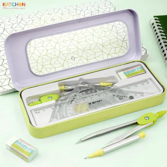 Alt view image 4 of 7 - Geometry Set for Students - 8 Pieces, Back to School Supplies | Metal Compass, Protractor, Eraser, Triangle Ruler, Lead Refills and Metal Box, Protractor and Compass Set, Class Supplies