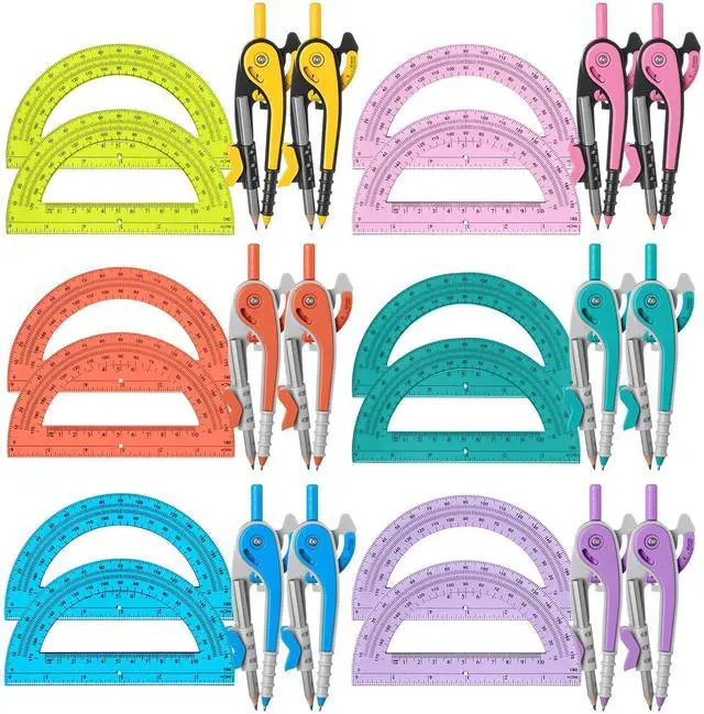 Main image of 12 Set Compass and Protractor Set, Operation Christmas Items Bulk Multicolor Compass Geometry Tool 6 Inch 180 Degree, Math Graphing Drawing Tools for Office and School Supplies