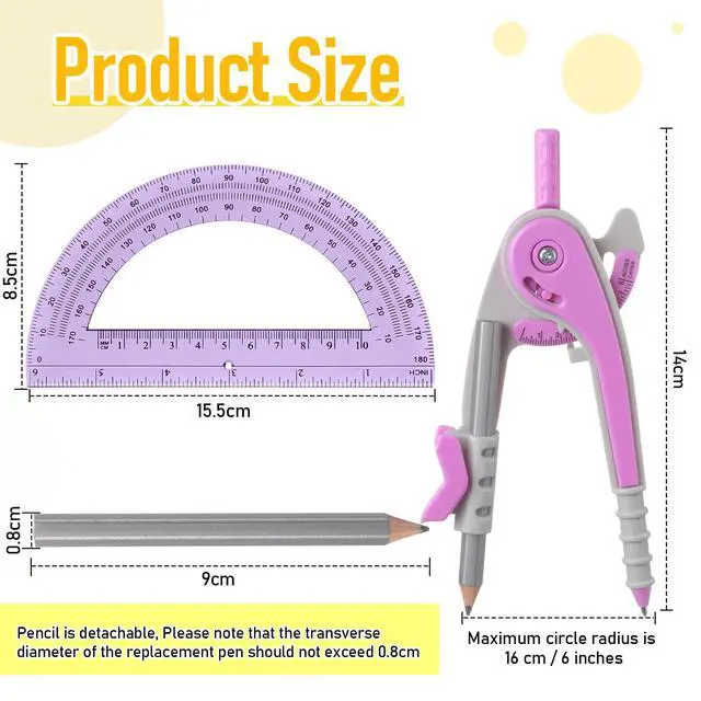 Alt view image 6 of 7 - 12 Set Compass and Protractor Set, Operation Christmas Items Bulk Multicolor Compass Geometry Tool 6 Inch 180 Degree, Math Graphing Drawing Tools for Office and School Supplies