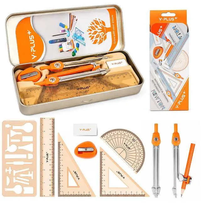 Main image of Geometry Set, Protractor and Compass Set for Students, 11Pcs | Compass Drawing Tool with Metal Case, Protractor, Formula Card, Rulers, Mechanical Pen, School Supplies for Students