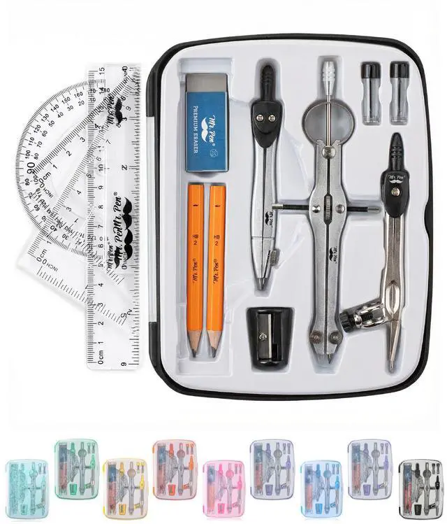 Main image of Geometry Set, 13 pcs, 3 Metal Compasses, Protractor, 6" Ruler | 45° & 30°/60° Set Squares, Pencils, Lead Refills, Sharpener & Eraser for Math, Drafting & Classroom Use
