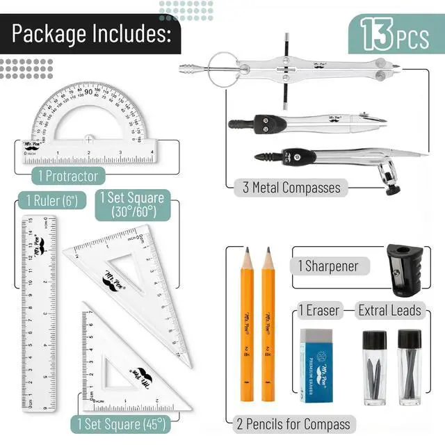 Alt view image 2 of 7 - Geometry Set, 13 pcs, 3 Metal Compasses, Protractor, 6" Ruler | 45° & 30°/60° Set Squares, Pencils, Lead Refills, Sharpener & Eraser for Math, Drafting & Classroom Use