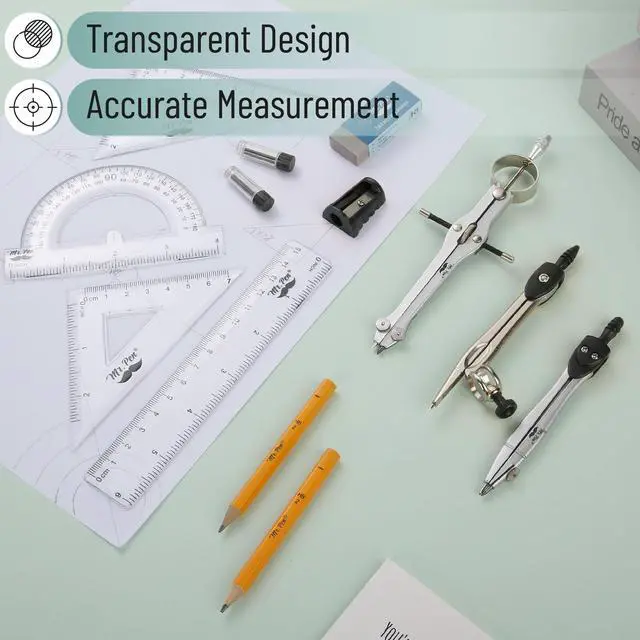 Alt view image 4 of 7 - Geometry Set, 13 pcs, 3 Metal Compasses, Protractor, 6" Ruler | 45° & 30°/60° Set Squares, Pencils, Lead Refills, Sharpener & Eraser for Math, Drafting & Classroom Use