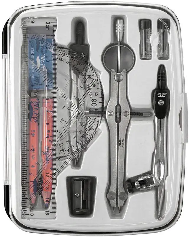 Alt view image 5 of 7 - Geometry Set, 13 pcs, 3 Metal Compasses, Protractor, 6" Ruler | 45° & 30°/60° Set Squares, Pencils, Lead Refills, Sharpener & Eraser for Math, Drafting & Classroom Use