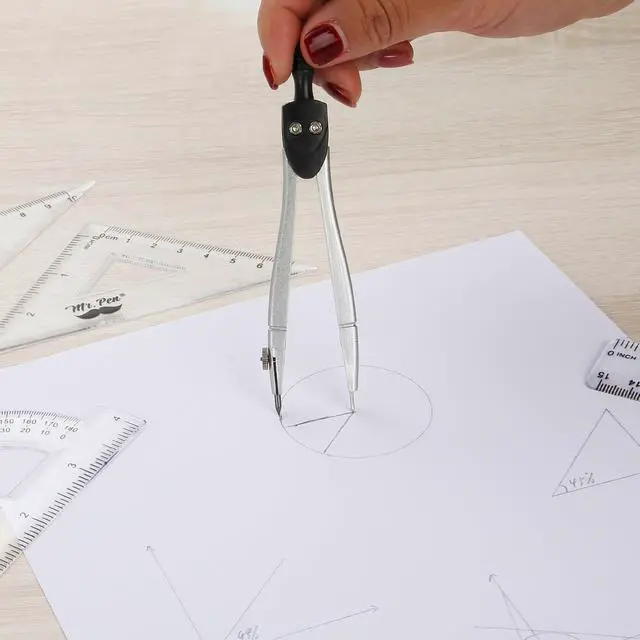 Alt view image 7 of 7 - Geometry Set, 13 pcs, 3 Metal Compasses, Protractor, 6" Ruler | 45° & 30°/60° Set Squares, Pencils, Lead Refills, Sharpener & Eraser for Math, Drafting & Classroom Use