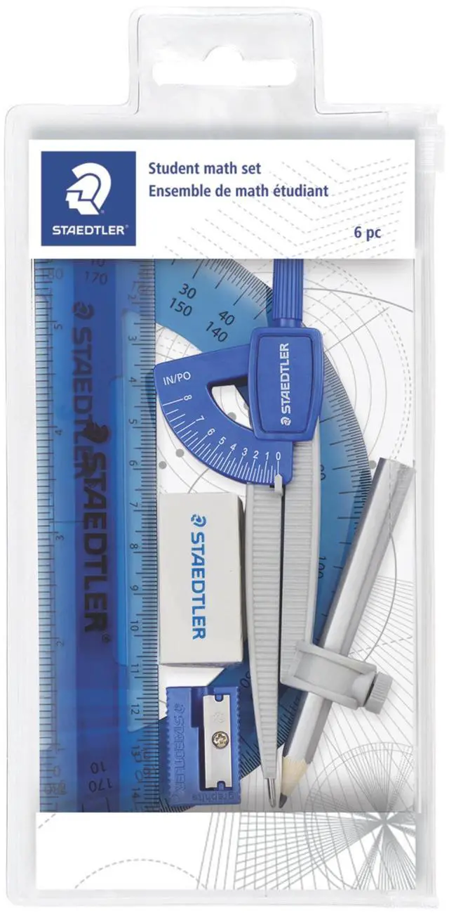 Main image of Student Math Set - Essential School Supplies with 6-Piece - Compass, 6in Ruler, 180° Protractor, Pencil, Eraser & Sharpener in Zippered Storage Pouch