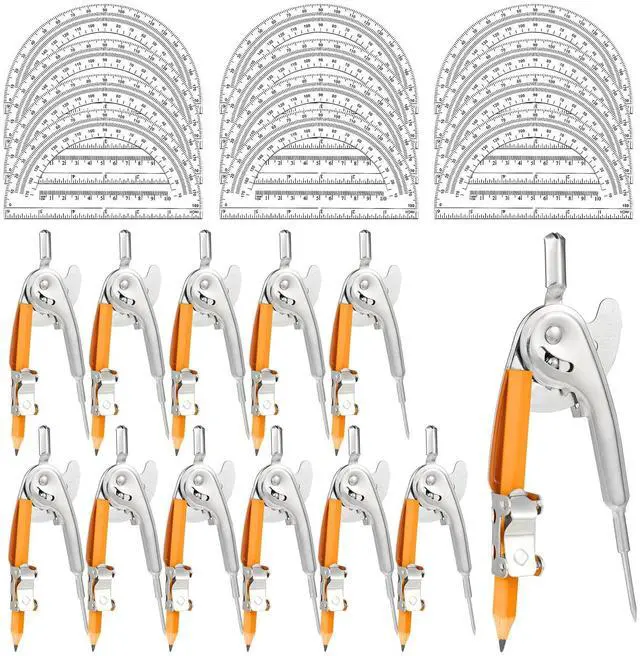 Main image of 24 Pack Geometry Tool Set, Math Compass for Geometry and 6 Inch Protractor Set Include Metal Compass with Pencil and Clear Plastic Protractor for Student Classroom Office Woodworking Art Drawing