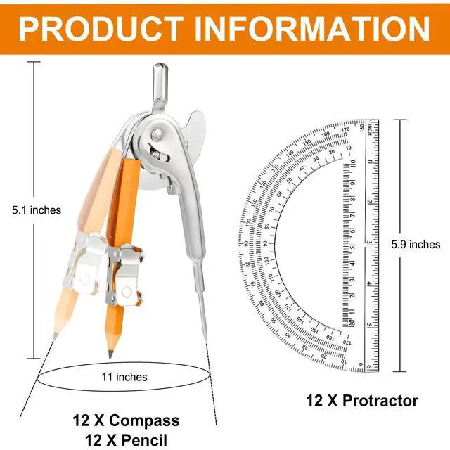 Alt view image 2 of 7 - 24 Pack Geometry Tool Set, Math Compass for Geometry and 6 Inch Protractor Set Include Metal Compass with Pencil and Clear Plastic Protractor for Student Classroom Office Woodworking Art Drawing