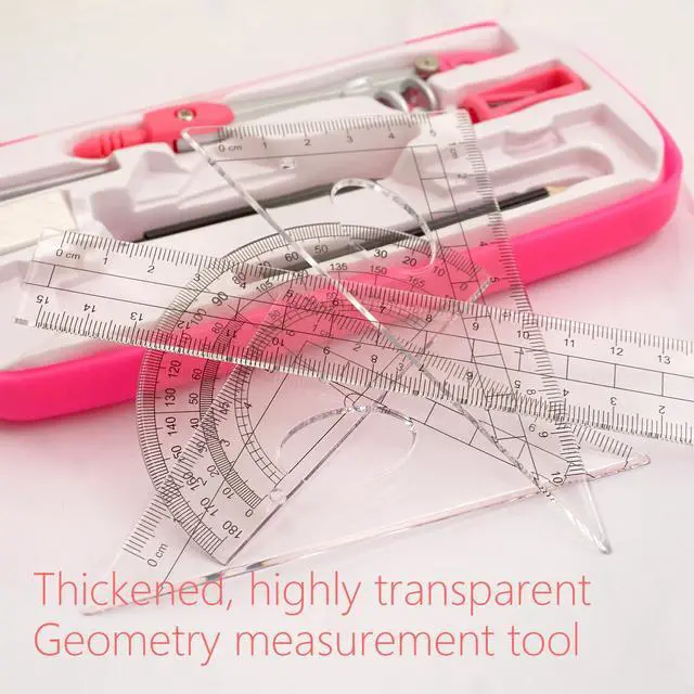 Alt view image 3 of 7 - Geometry Compass Set Drafting Tools for School Students Geometry Compass Kit with Protractor, Set Squares, and Ruler Organized in a Plastic Case for Math Sarter and Homework Stylish Pink