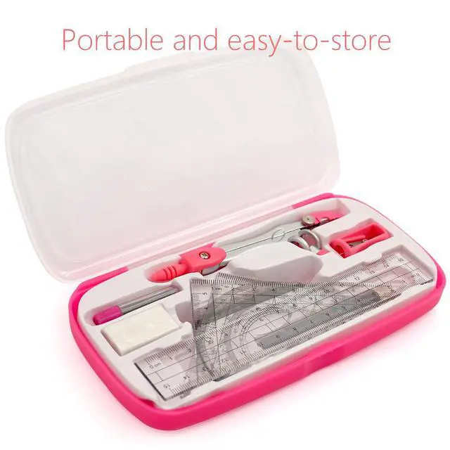Alt view image 4 of 7 - Geometry Compass Set Drafting Tools for School Students Geometry Compass Kit with Protractor, Set Squares, and Ruler Organized in a Plastic Case for Math Sarter and Homework Stylish Pink