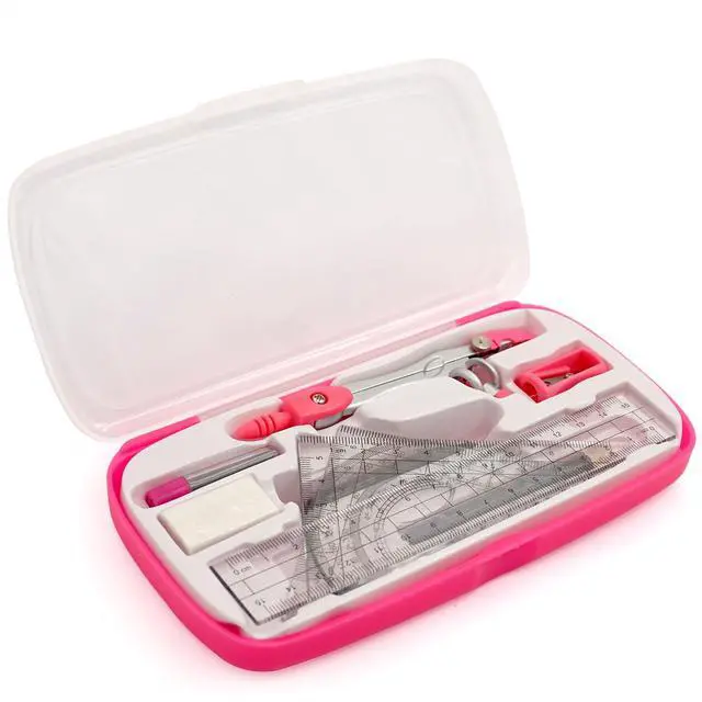 Alt view image 7 of 7 - Geometry Compass Set Drafting Tools for School Students Geometry Compass Kit with Protractor, Set Squares, and Ruler Organized in a Plastic Case for Math Sarter and Homework Stylish Pink
