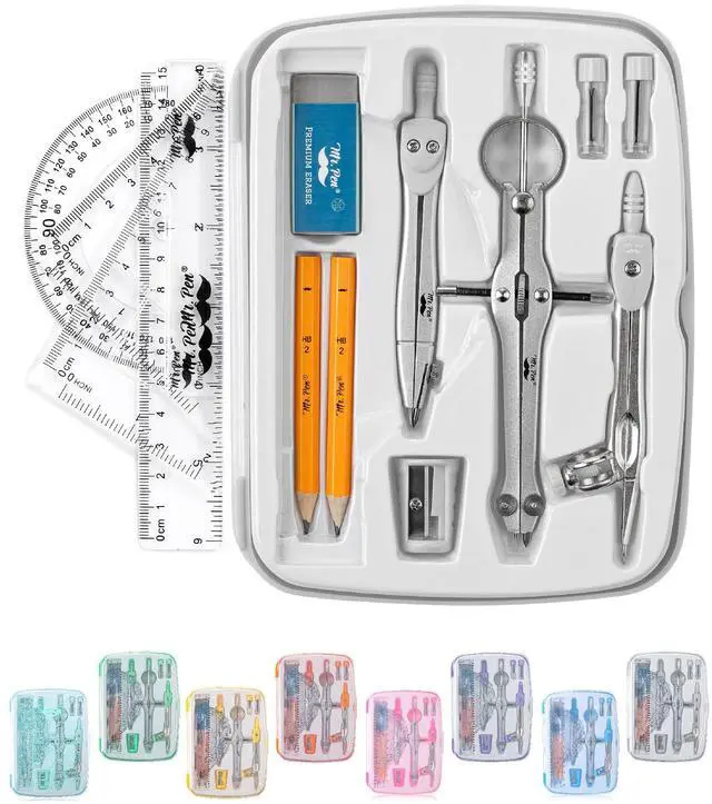 Main image of Geometry Set, 13 pcs, 3 Metal Compasses, Protractor, 6" Ruler | 45° & 30°/60° Set Squares, Pencils, Lead Refills, Sharpener & Eraser for Math, Drafting & Classroom Use | 45° & 30°/60° Set Squares