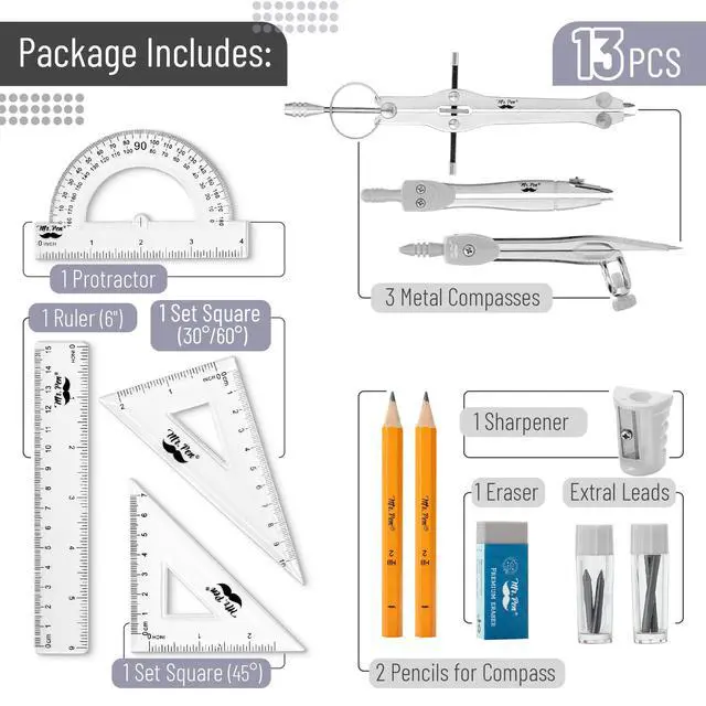 Alt view image 2 of 7 - Geometry Set, 13 pcs, 3 Metal Compasses, Protractor, 6" Ruler | 45° & 30°/60° Set Squares, Pencils, Lead Refills, Sharpener & Eraser for Math, Drafting & Classroom Use | 45° & 30°/60° Set Squares