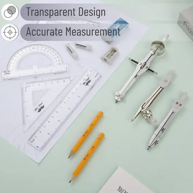 Alt view image 4 of 7 - Geometry Set, 13 pcs, 3 Metal Compasses, Protractor, 6" Ruler | 45° & 30°/60° Set Squares, Pencils, Lead Refills, Sharpener & Eraser for Math, Drafting & Classroom Use | 45° & 30°/60° Set Squares