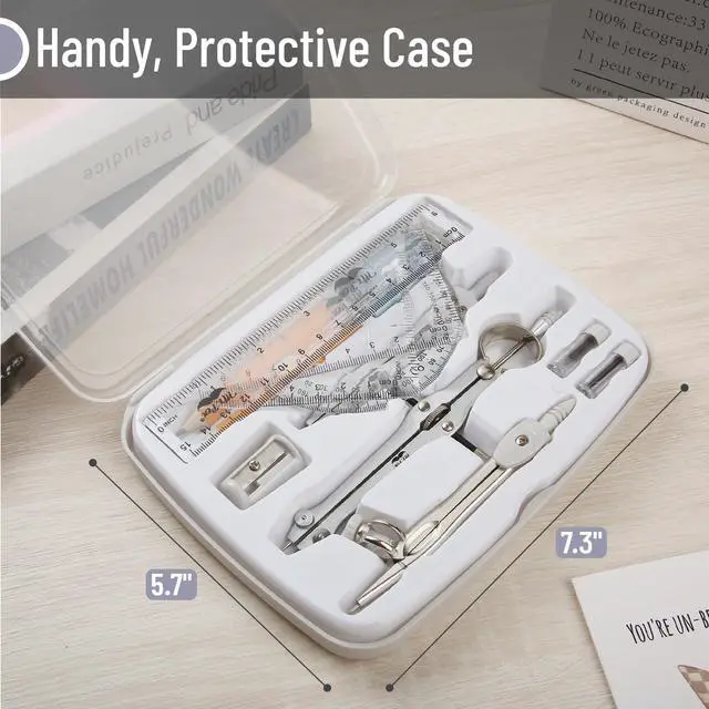 Alt view image 3 of 7 - Geometry Set, 13 pcs, 3 Metal Compasses, Protractor, 6" Ruler | 45° & 30°/60° Set Squares, Pencils, Lead Refills, Sharpener & Eraser for Math, Drafting & Classroom Use | 45° & 30°/60° Set Squares