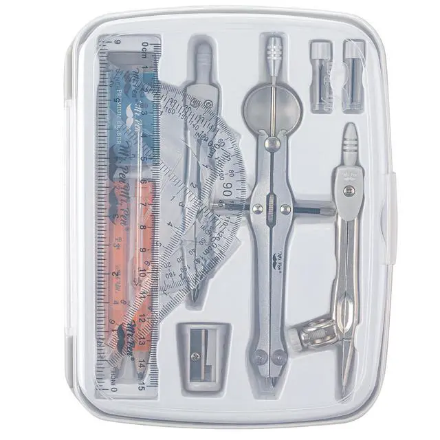 Alt view image 6 of 7 - Geometry Set, 13 pcs, 3 Metal Compasses, Protractor, 6" Ruler | 45° & 30°/60° Set Squares, Pencils, Lead Refills, Sharpener & Eraser for Math, Drafting & Classroom Use | 45° & 30°/60° Set Squares