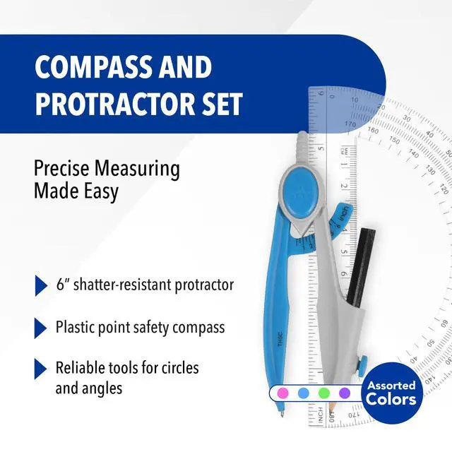 Alt view image 2 of 5 - Compass and Protractor Math and Geometry Set, Essential School Supplies, Plastic Compass for Circles Up to 13-Inches, Back to School, Classroom, School Supplies, 6-Inch Protractor, Assorted Colors