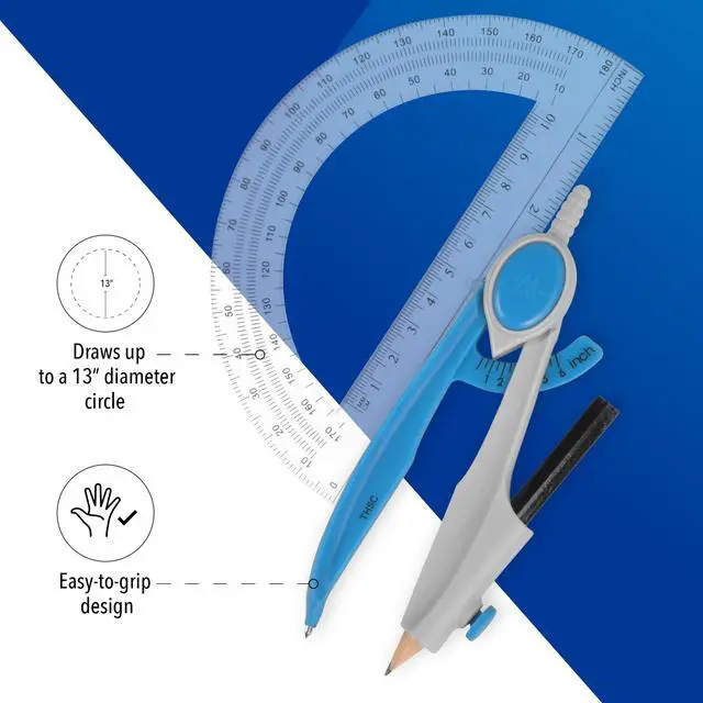 Alt view image 3 of 5 - Compass and Protractor Math and Geometry Set, Essential School Supplies, Plastic Compass for Circles Up to 13-Inches, Back to School, Classroom, School Supplies, 6-Inch Protractor, Assorted Colors