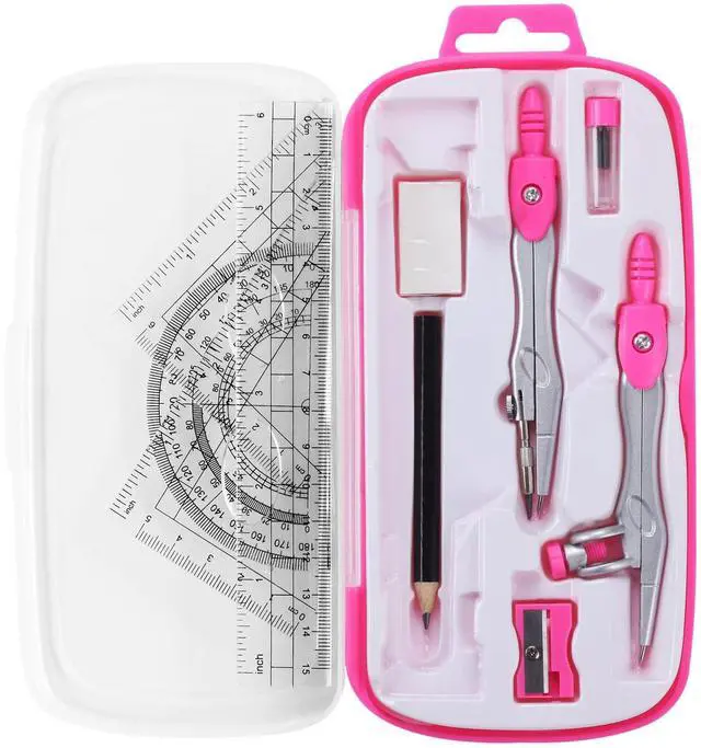 Main image of Math Geometry Set 10 Pcs, Compass and Protractor for Students (Pink) | Shatterproof Storage Box,Rulers,Protractor,Compass,Eraser,Pencil Sharpener,Lead Refills,Pencil,for Classroom, Back to School