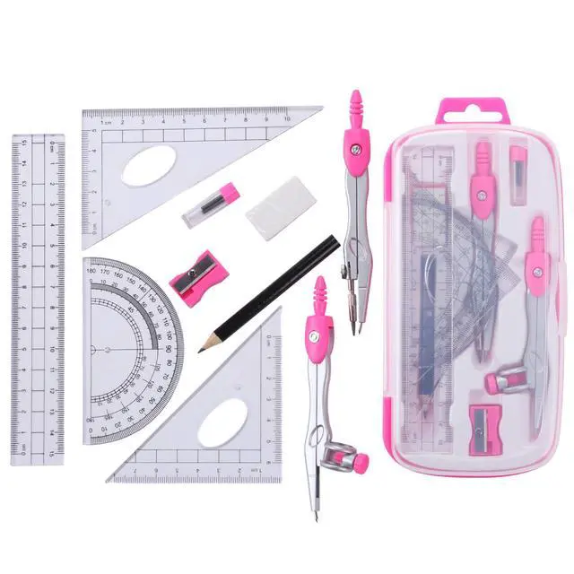 Alt view image 2 of 6 - Math Geometry Set 10 Pcs, Compass and Protractor for Students (Pink) | Shatterproof Storage Box,Rulers,Protractor,Compass,Eraser,Pencil Sharpener,Lead Refills,Pencil,for Classroom, Back to School