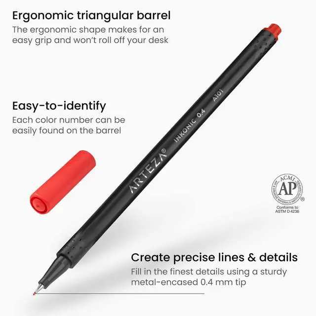 Alt view image 3 of 7 - Inkonic Fineliners Fine Point Pens, Set of 24 Fine Tip Markers with Color Numbers, 0.4mm Tips, Ergonomic Barrels, Brilliant Assorted Colors for Coloring, Drawing & Detailing