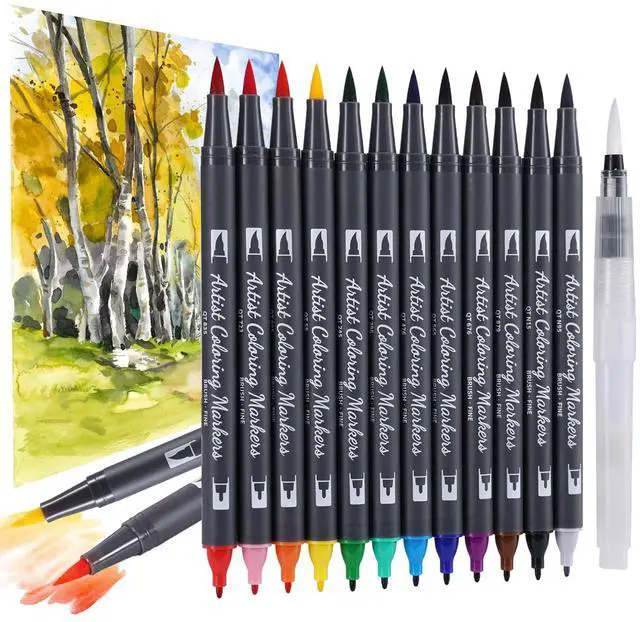 Main image of 12 Colors Blendable Watercolor Markers for Adults 2026 Professional Double Tip Paint Pens with 1 Water Brush Pen Water Based Coloring Pens Drawing Markers Set with Flexible Brush Tip