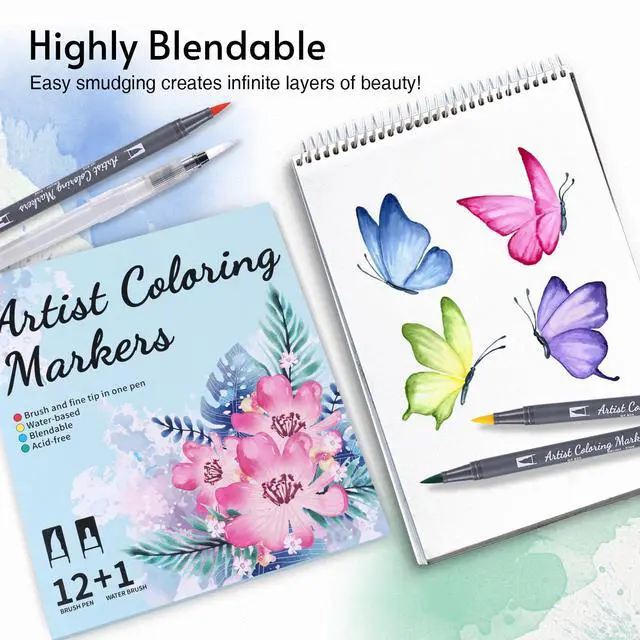 Alt view image 6 of 7 - 12 Colors Blendable Watercolor Markers for Adults 2026 Professional Double Tip Paint Pens with 1 Water Brush Pen Water Based Coloring Pens Drawing Markers Set with Flexible Brush Tip