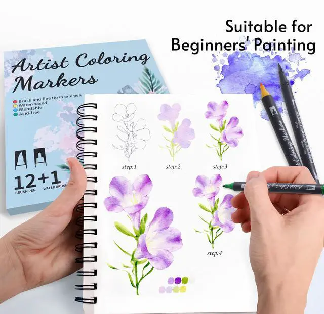 Alt view image 7 of 7 - 12 Colors Blendable Watercolor Markers for Adults 2026 Professional Double Tip Paint Pens with 1 Water Brush Pen Water Based Coloring Pens Drawing Markers Set with Flexible Brush Tip