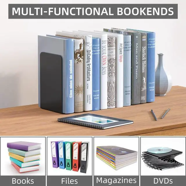 Alt view image 7 of 7 - Bookends 1 Pair, Black Metal Book Ends, Heavy Bookends for Shelves, Book Stopper for Heavy Books, Book Organizer for Home Office School Supplies
