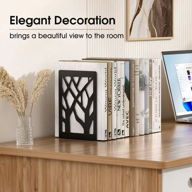 Alt view image 2 of 7 - Book Ends Tree Design Bookends for Shelves 7 x 4.7 x 3.5 2 Pair | Metal Constructio,Heavy Duty,Non-Skid Pads,Scratch Resistant,Stable Support,Space Saving,4 Pieces,Bookcase Desktop Use