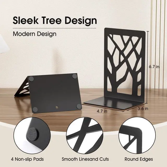Alt view image 3 of 7 - Book Ends Tree Design Bookends for Shelves 7 x 4.7 x 3.5 2 Pair | Metal Constructio,Heavy Duty,Non-Skid Pads,Scratch Resistant,Stable Support,Space Saving,4 Pieces,Bookcase Desktop Use