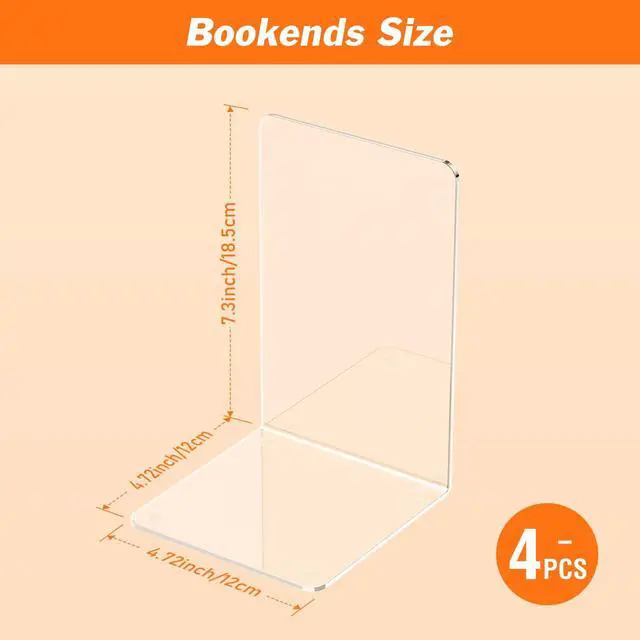 Alt view image 2 of 7 - Acrylic Bookends 4 Pcs, Clear Book Ends for Shelves, Bookend Organizer | Transparent Book Holder Stand Decorative, Book Stoppers for Heavy Duty Books, CD, File, Video Games