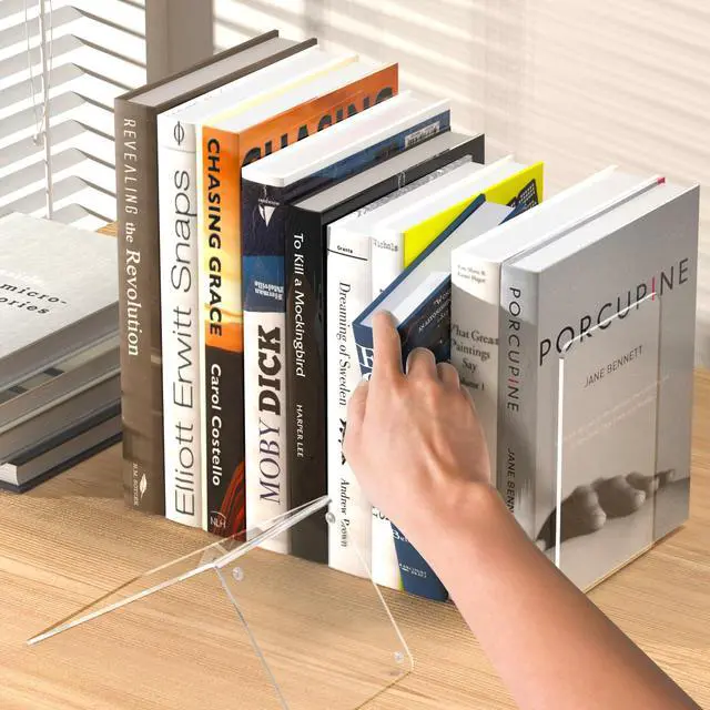 Alt view image 5 of 7 - Acrylic Bookends 4 Pcs, Clear Book Ends for Shelves, Bookend Organizer | Transparent Book Holder Stand Decorative, Book Stoppers for Heavy Duty Books, CD, File, Video Games