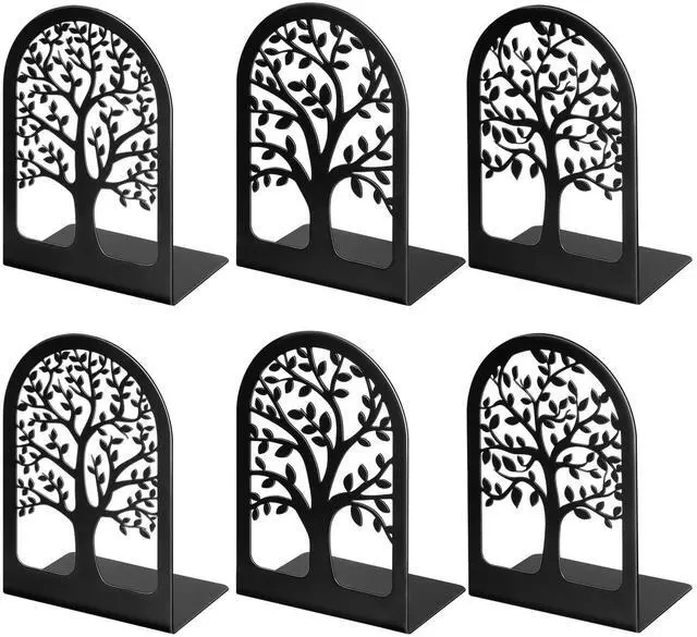 Main image of 3 Pair Book Ends, Metal Bookends for Shelves, Decorative Bookends | Decorative Book Holder for Shelf, Tree Stopper for Heavy Books, Black Book Ends for Home Office, 6.5 X 4.7 X 3.5 Inch