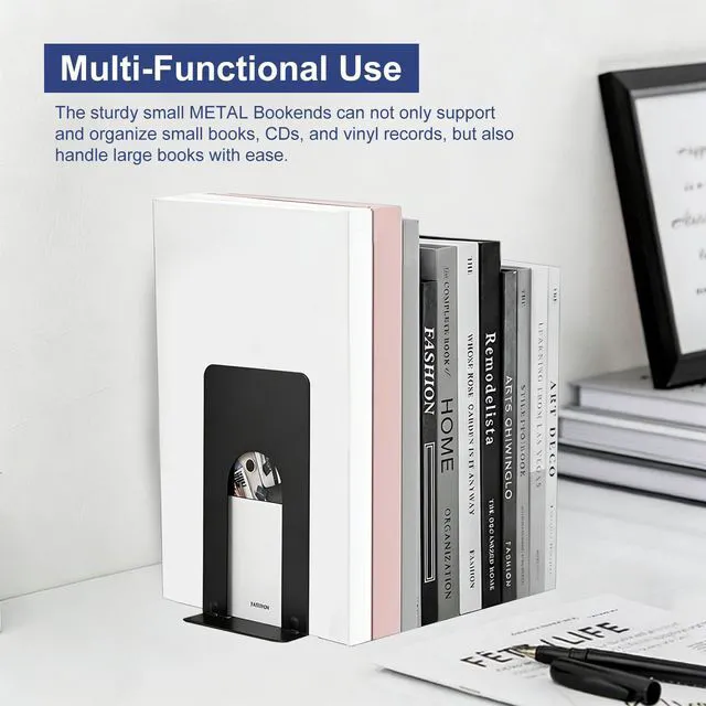 Alt view image 3 of 7 - Book Ends for Shelves, 4 Pack Metal Bookends, Compact Book Stopper for Small Books, CDs, Vinyl Records, Desk & Classroom Organizer, 3.9x2.8x5.2 Inch, Gift for Book Lovers
