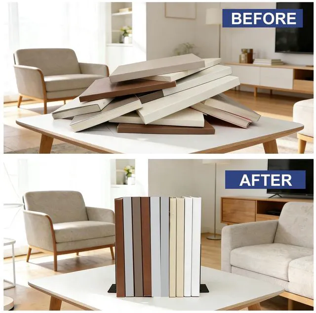 Alt view image 7 of 7 - Book Ends for Shelves, 4 Pack Metal Bookends, Compact Book Stopper for Small Books, CDs, Vinyl Records, Desk & Classroom Organizer, 3.9x2.8x5.2 Inch, Gift for Book Lovers