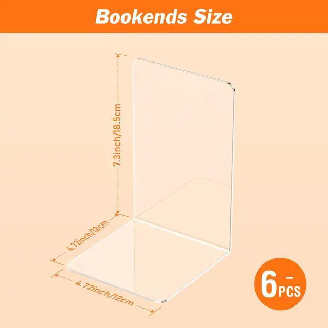 Alt view image 2 of 7 - Acrylic Bookends 6 Pcs, Clear Book Ends for Shelves, Bookend Organizer | Transparent Book Holder Stand Decorative, Book Stoppers for Heavy Duty Books, CD, File, Video Games