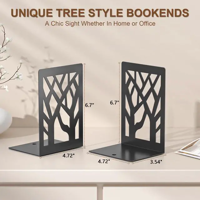 Alt view image 2 of 7 - 6-Piece Modern Metal Bookends for Shelves, Black Tree Book Ends for Books, Decorative Book Organizer for Desk, Non-Skid Shelve Bookends for Home Office