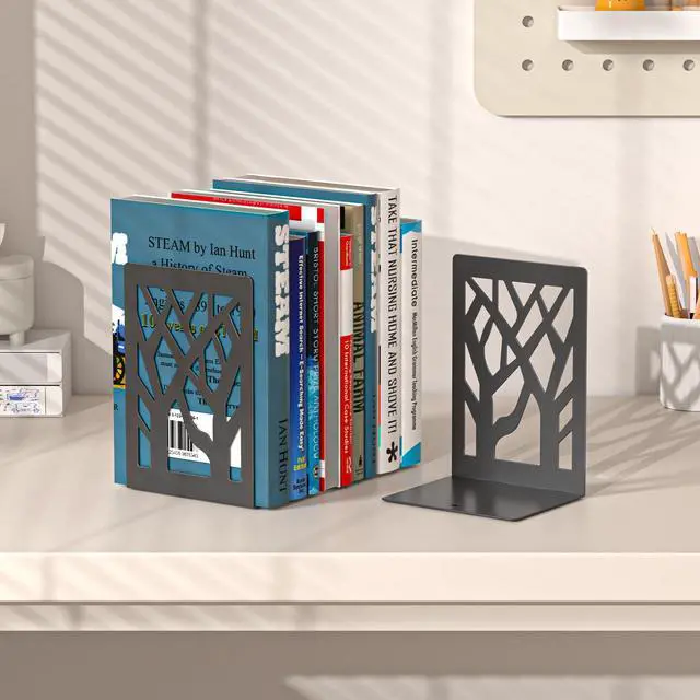 Alt view image 3 of 7 - 6-Piece Modern Metal Bookends for Shelves, Black Tree Book Ends for Books, Decorative Book Organizer for Desk, Non-Skid Shelve Bookends for Home Office