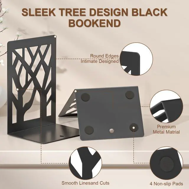 Alt view image 4 of 7 - 6-Piece Modern Metal Bookends for Shelves, Black Tree Book Ends for Books, Decorative Book Organizer for Desk, Non-Skid Shelve Bookends for Home Office