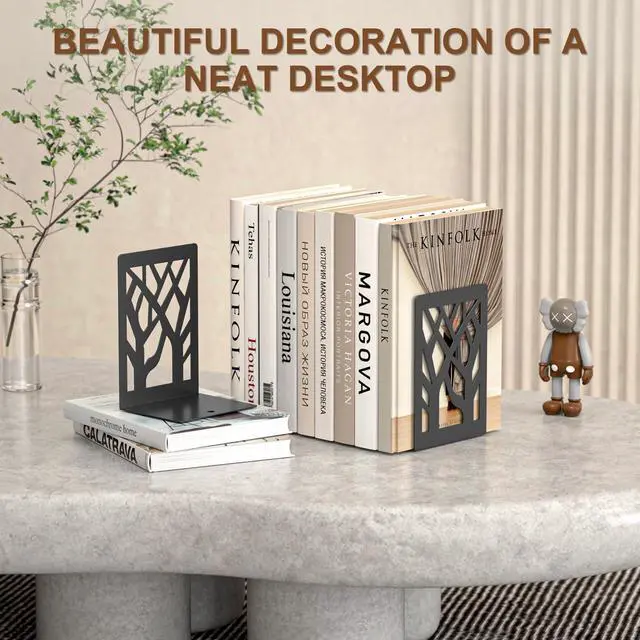 Alt view image 5 of 7 - 6-Piece Modern Metal Bookends for Shelves, Black Tree Book Ends for Books, Decorative Book Organizer for Desk, Non-Skid Shelve Bookends for Home Office