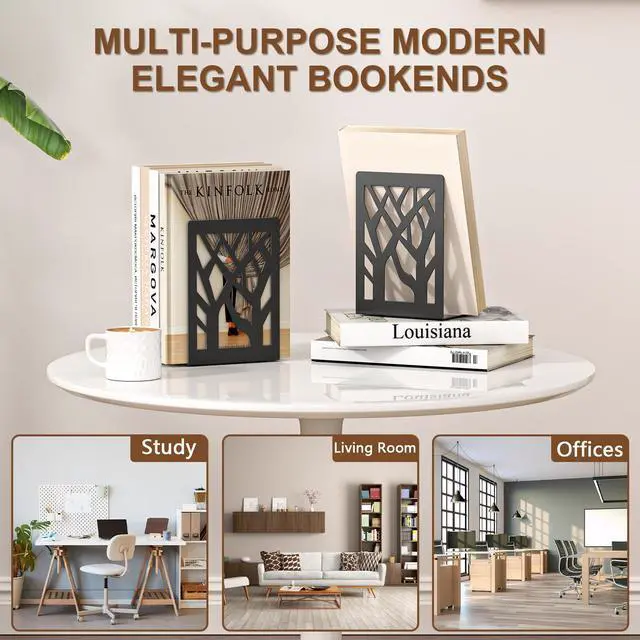 Alt view image 7 of 7 - 6-Piece Modern Metal Bookends for Shelves, Black Tree Book Ends for Books, Decorative Book Organizer for Desk, Non-Skid Shelve Bookends for Home Office