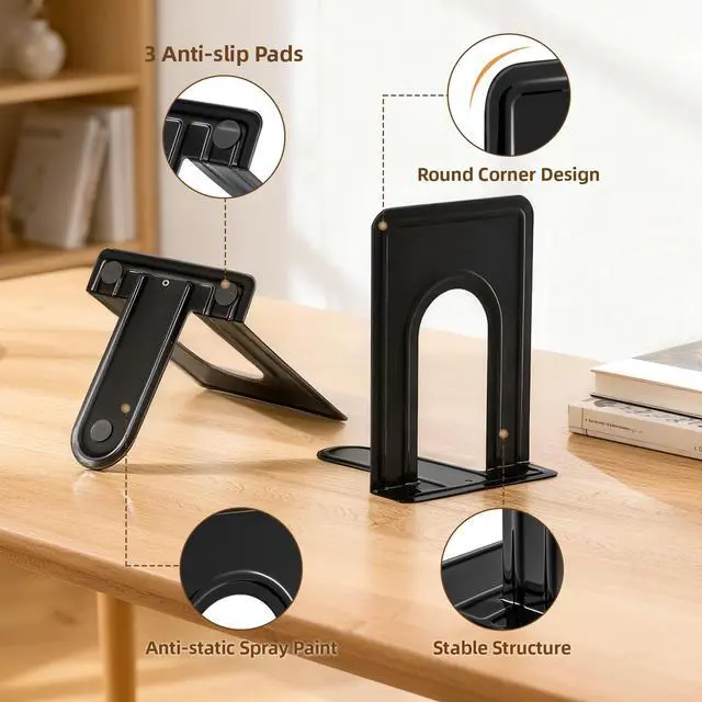 Alt view image 3 of 7 - 3 Pairs Book Ends, Heavy Duty Bookends for Shelves, Black | Book Holder for Shelf, Non-Skid Metal Book Holders, Book Ends for Heavy Books, Book Stopper for Library, Office Supplies