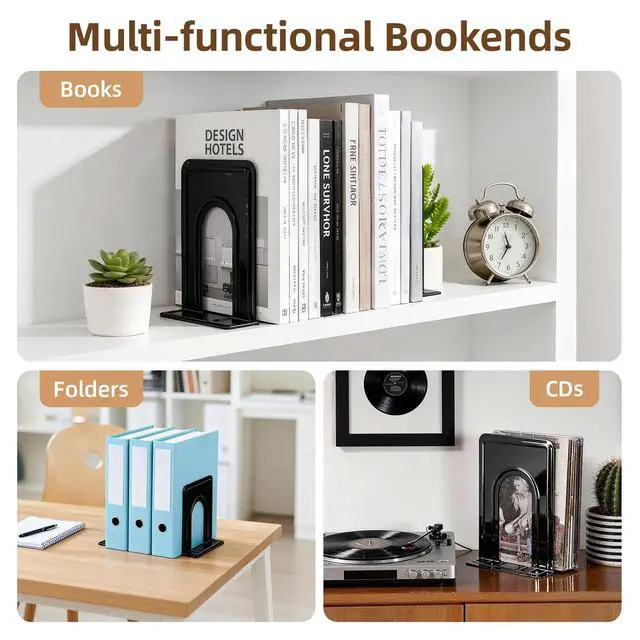 Alt view image 6 of 7 - 3 Pairs Book Ends, Heavy Duty Bookends for Shelves, Black | Book Holder for Shelf, Non-Skid Metal Book Holders, Book Ends for Heavy Books, Book Stopper for Library, Office Supplies