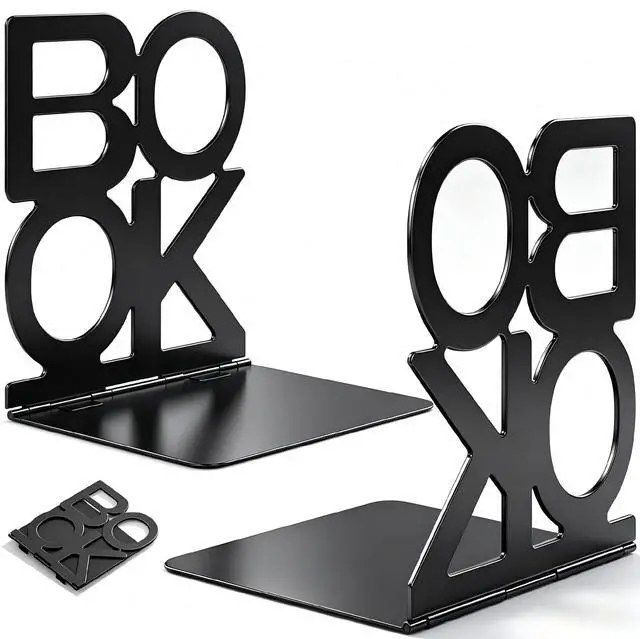 Main image of Book Ends, 1Pair Metal Foldable Bookends for Shelves,Black | 6.1 x 4.9 x 4.3 Metal Constructio,Heavy Duty,Non-Skid Pads,Scratch Resistant,Stable Support,Space Saving