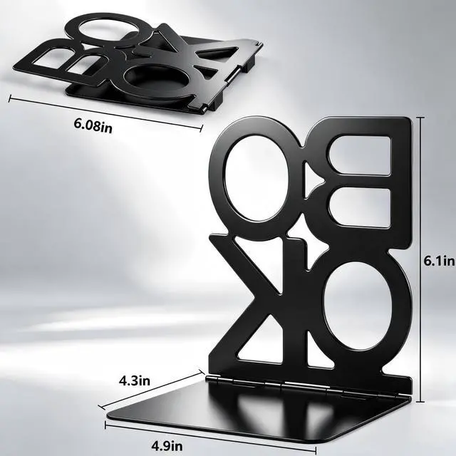 Alt view image 2 of 6 - Book Ends, 1Pair Metal Foldable Bookends for Shelves,Black | 6.1 x 4.9 x 4.3 Metal Constructio,Heavy Duty,Non-Skid Pads,Scratch Resistant,Stable Support,Space Saving