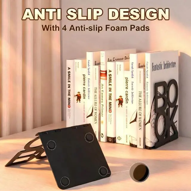 Alt view image 4 of 6 - Book Ends, 1Pair Metal Foldable Bookends for Shelves,Black | 6.1 x 4.9 x 4.3 Metal Constructio,Heavy Duty,Non-Skid Pads,Scratch Resistant,Stable Support,Space Saving
