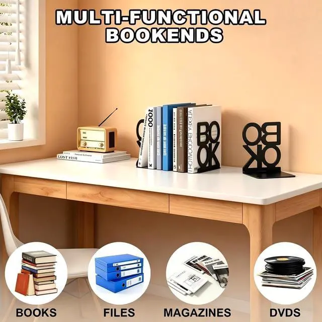Alt view image 6 of 6 - Book Ends, 1Pair Metal Foldable Bookends for Shelves,Black | 6.1 x 4.9 x 4.3 Metal Constructio,Heavy Duty,Non-Skid Pads,Scratch Resistant,Stable Support,Space Saving