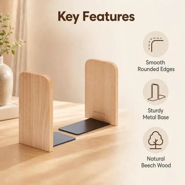 Alt view image 3 of 7 - Wood Bookends,Non-Skid Bookend for Shelves,Heavy Duty Bookends,Book Stand for Books/CDs,1 Pair